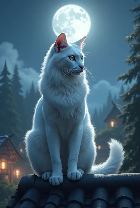 *Orion, the White Cat:**
   - "A majestic white cat in human body standing on a rooftop under a full moon. The background shows a small village nestled in a forest with shadows of trees and the faint glow of lanterns. The atmosphere is mysterious and seren...