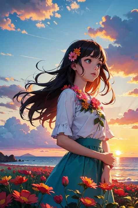 Girl surrounded by colorful flowers, upper body, sunset, sea