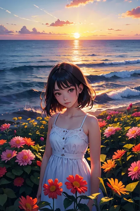 Girl surrounded by colorful flowers, upper body, sunset, sea