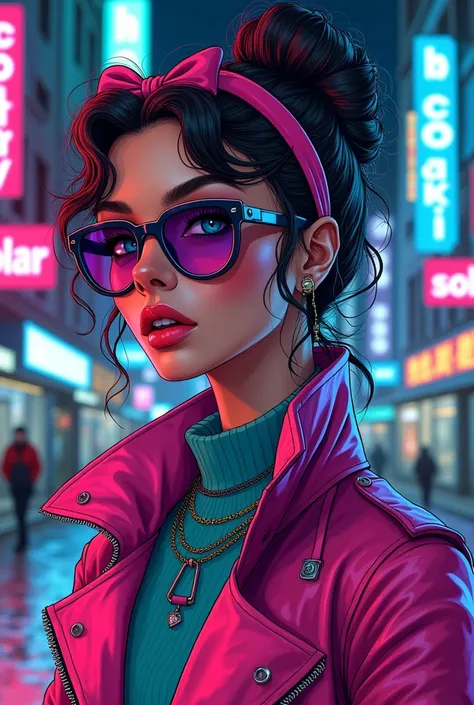 A vibrant 1980s cyberpunk illustration of a woman with wavy hair in a vintage updo, wearing a pink headband and oversized sunglasses with purple gradient lenses. Her striking blue eyes and neon pink lips add to her bold, mysterious look. She sports a gloss...