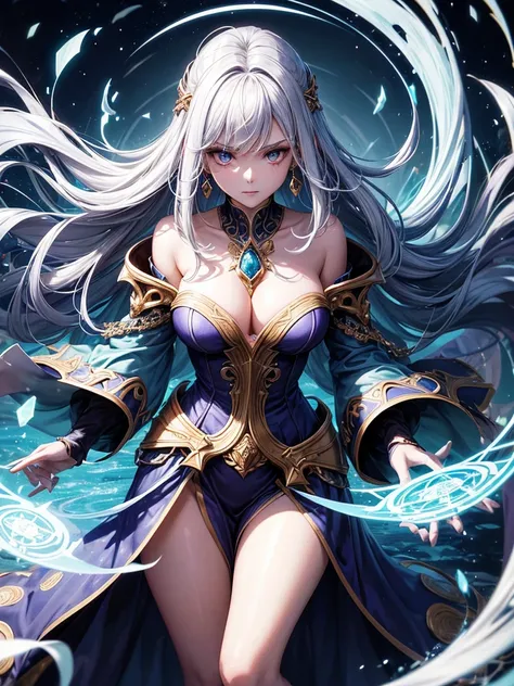 Create an image of Mirella, a powerful Warlock from the Warlock clan, who is thought to be dead but has actually escaped to another timeline. Mirella should be depicted as a striking and formidable figure, reflecting her mastery of all spells and time-cont...