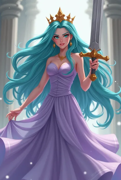 Make an 1 character with cyan blue hair, light green eyes and princess. Golden crown and lilac dress. She holding an angry sword
