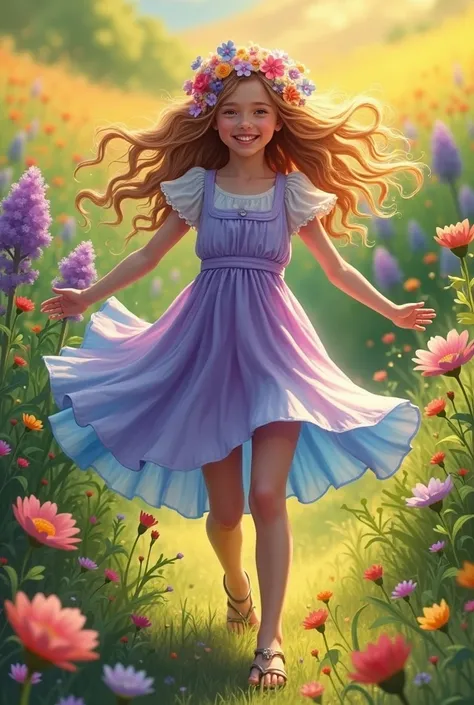 A whimsical girl with long, flowing hair made of flowers, dancing in a field of vibrant colors. Representing the summer station. Rendered in a dreamy, watercolor style.
