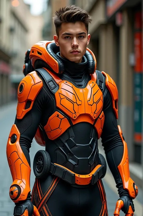 A young man wearing an orange and black tire suit