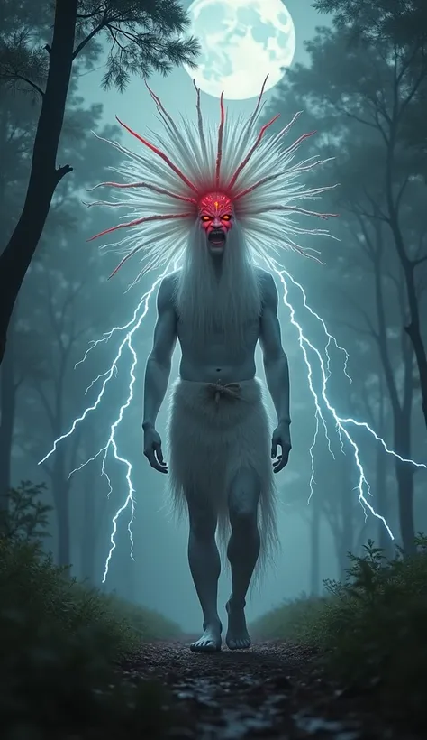 scene with the Brazilian indigenous god Anhangá, He must be standing in the middle of a dark forest with fog and the moon on the horizon Anhangá must wear a red headdress. Anhangá has completely white skin and long white hair., your eyes need to be red. he...