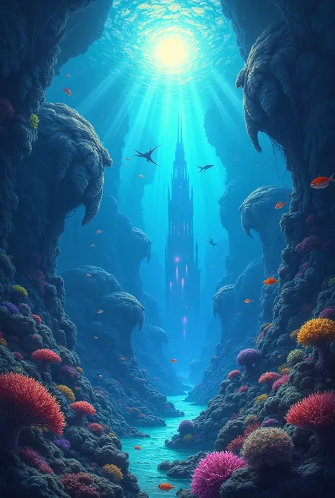 Create a detailed illustration depicting an underwater world, Inhabited by fantastic sea creatures with a vibrant coral reef, an underwater city illuminated by bioluminescence and a radiant sun that penetrates through the deep waters