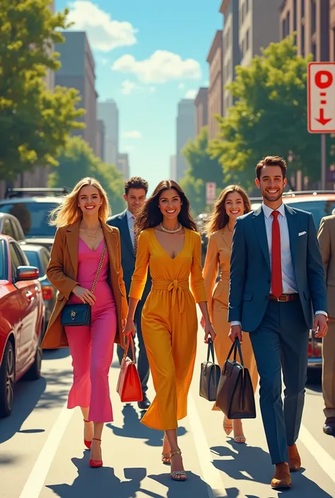 Men in formal clothes with briefcase, women with colorful dresses and handbags, walking through the streets, everyone happy. And that there are parking signs, with animated illustrated theme 