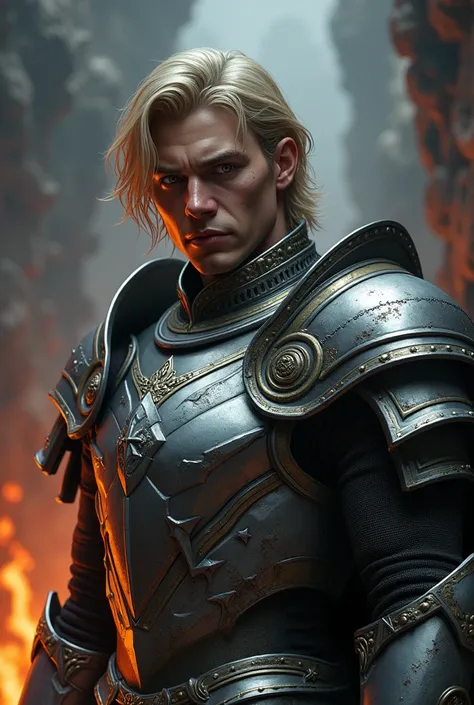 Create a handsome prince of hell with silver armor that looks intimidating, blonde hair above her shoulders and honey-colored eyes, make it look cruel 