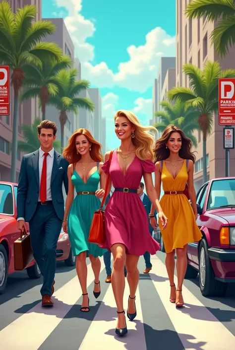 Men in formal clothes with briefcase, women with colorful dresses and handbags, walking through the streets, everyone happy. And that there are parking signs, with animated illustrated theme 