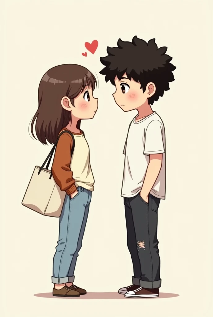 Two chibi manga couples, the girl has an off white tshirt on with brick brown sleeves and light blue jeans. The girl is also carrying a white tote bag. The guy has worn black faded jeans with plain white button up shirt and the guy’s hair is black and curl...