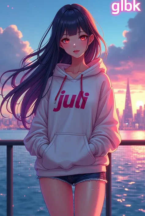 Create anime character;
{background: capital HD text: “GLBK” in right-top, sea}, tanned skin,
realistic, HDR, beautiful, korean style, full body, age 20, hoodie HD text: “JULI”, female, gradient hair, long hair, big open breast