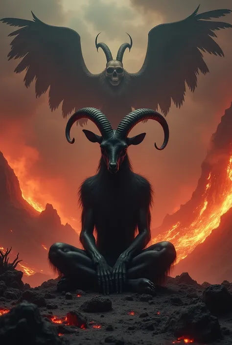 Make the center of a volcano in a gothic style with a skull with wings flying in the background in the center a black humanized goat meditating