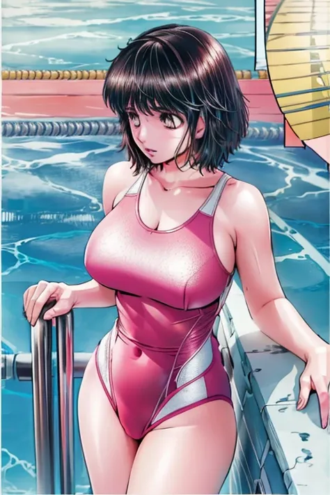 A beautiful girl with big breasts, beautiful legs, and a boyish short haircut is standing by the pool in a wet, bright pink high-cut swimsuit with the arena logo and lettering.。