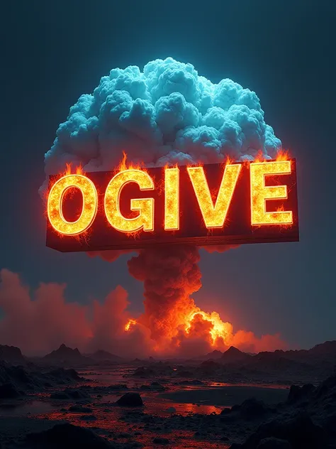 Logo with large sign with the message : "Ogive" with a hyperrealistic image of an explosion and a superimposed luxury nuclear warhead with electric and vibrant colors, In the middle the logo says "Ogive" in a letter full of fury and orange flames of fire w...