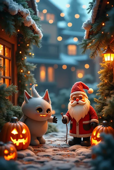 An image that combines Halloween and Christmas decoration 

