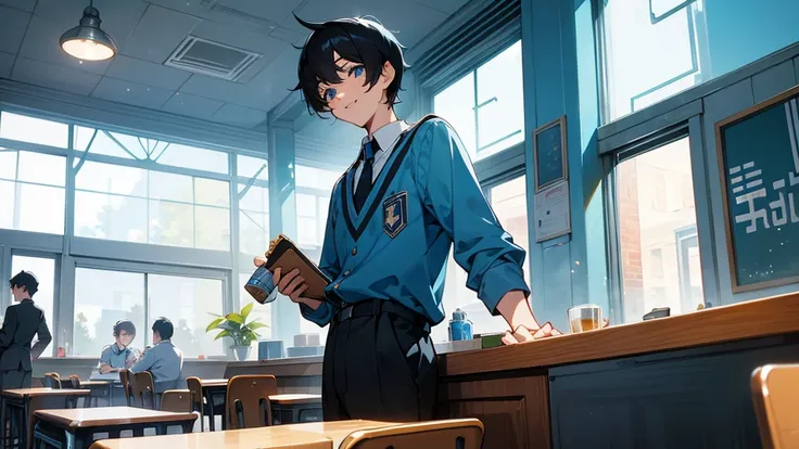 A very cool high school boy in a school uniform、Very happy expression、Black Hair、Short Hair、Blue sparkling eyes、Inside the cafe、Coffee on the table、One person、solo、Retro anime style