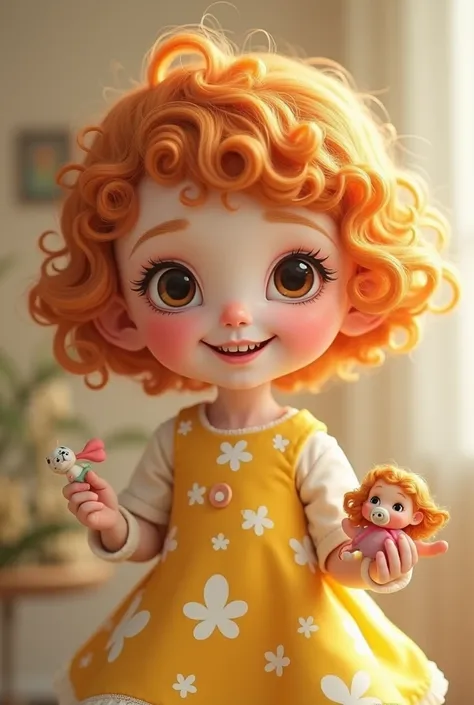 A 2. girl with curly golden hair and length of hair is just above the ears short sharp eyes curly eye lashes flat nose pink lips teeth are little outside due to pacifier white complexion in yellow frock with whit leaves on it smiling while having a doll on...