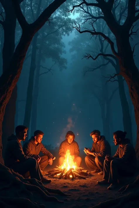 make people around a fire in the forest telling horror stories, dark and scary environment