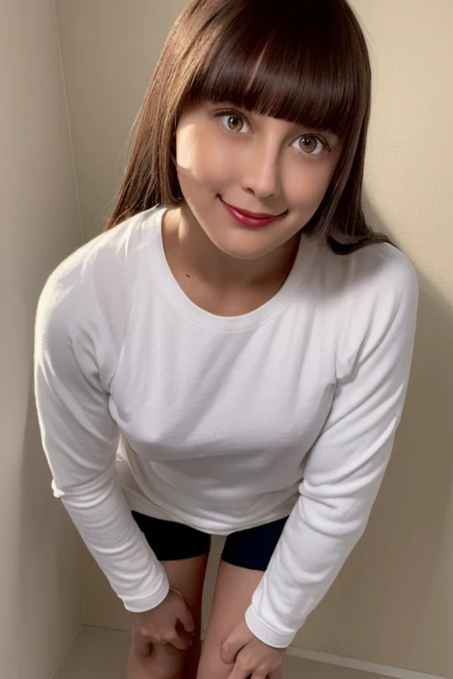 One girl, Beautiful woman in long sleeve white t-shirt（Tuck the bottom of your bloomers in） Old school black bloomers, skinny, Perfect body, Golden Hair, Standing in a photo studio with white walls,  Highly detailed face, Beautiful Eyes, Beautiful Lips, do...