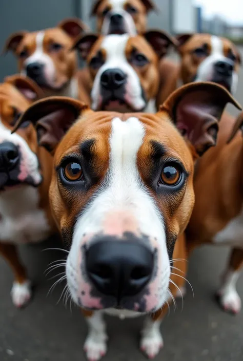 a group of stafford bull terriers are looking at us, photographed with a 12mm wide-angle lens, fisheye style