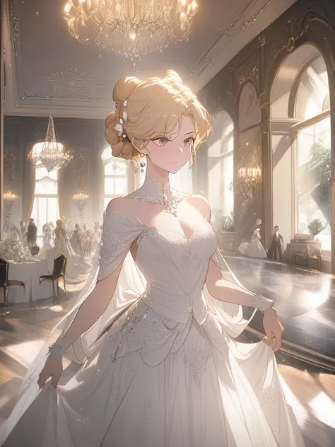 Beautiful aristocratic woman of victorian era, Europe in the 18th century, blond，Exquisite high bun braid hairstyle, curls, elegant ballroom dress, Standing in the luxurious banquet hall, Delicate and meticulous, 8K, Reality, Dramatic Lighting, high qualit...