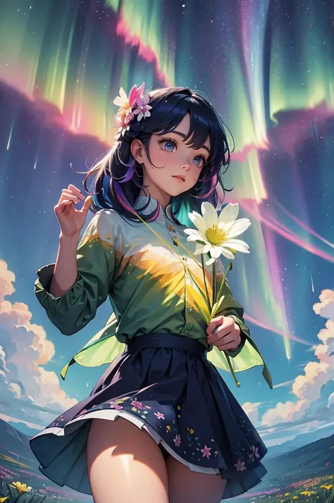 Aurora Starry Sky Rainbow Hair Girl Upper Body Grassland Flower