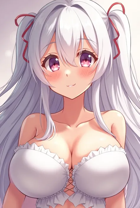 A sexy white-haired anime girl is having sex, making a happy and shy face when she explodes in her big breasts, showing her pussy.