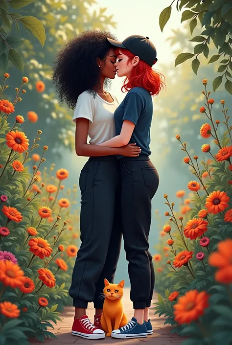 Two women sitting kissing in a flower garden with an orange cat next to them, the first woman has thick, shoulder-length black curly hair and dark skin and is wearing a white t-shirt and black baggy pants with red sneakers, The second woman is a redhead wi...