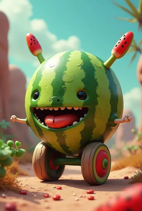 A non-existent being that has a watermelon body, legs made of wheels, and the head is the body of the watermelon, that the head is the body of the watermelon, and that on the sides it has two sticks made of seeds.