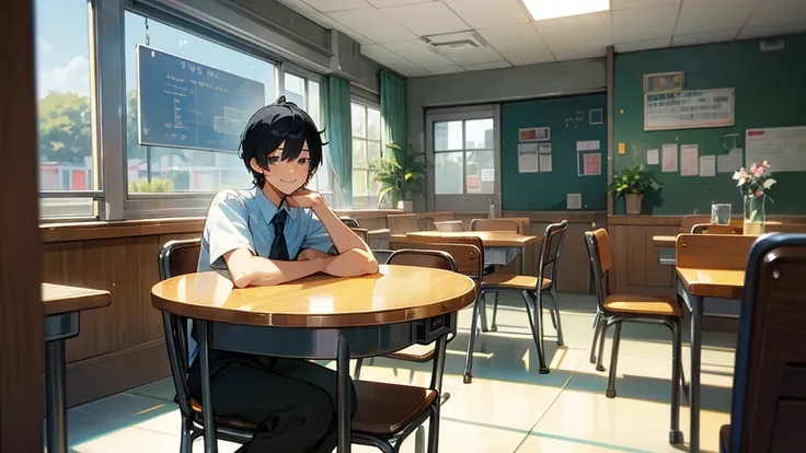 A very cool high school boy in a school uniform、smile、Black Hair、Short Hair、Blue sparkling eyes、Inside the cafe、Coffee on the table、Picture from the front、One person、solo、Retro anime style