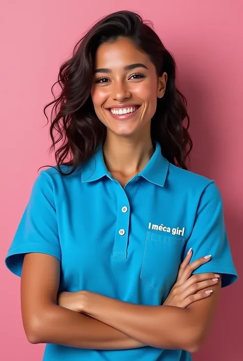 A young Latina lady wearing an electric blue polo shirt with the word &quot;I&#39;m a girl&quot; printed on the pocket "CRECE MASS" . She must be smiling and with her arms crossed.