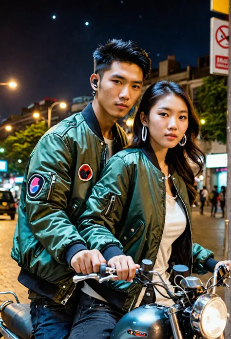 a couple of lovers a beautiful asian man and woman, 20 years old, clean face, wearing elaborate bomber jackets, wireless earphones, around the metropolitan square at night, riding a motorbike together, creative complexity, perfect composition, high clarity...