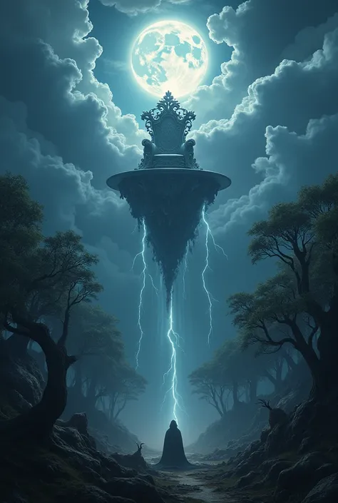 in a forest ,at night ,with a storm ,a throne above the clouds, lightning.