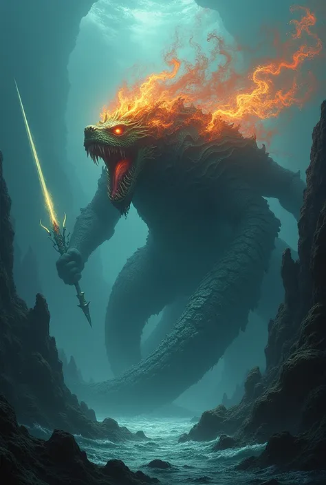 Monster that lives at the bottom of the ocean ruling the ocean that has a head of fire and a sword of wind 