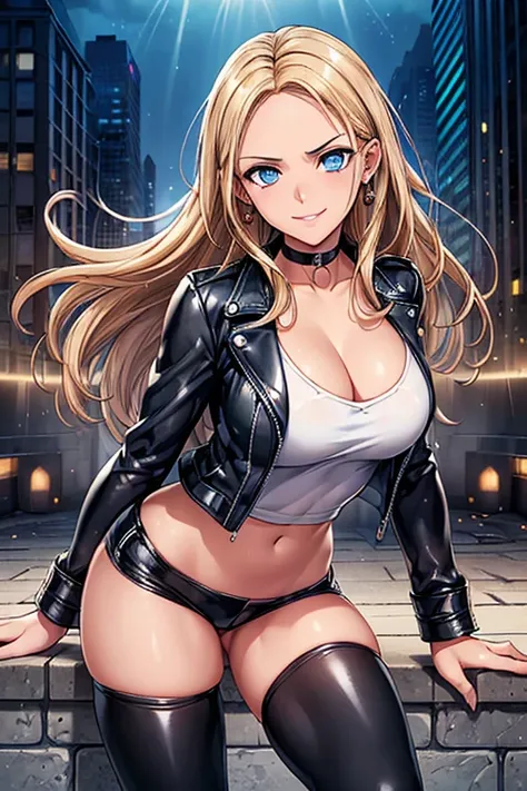 #Basics Girl posing for a photo, animeのcute少女, ((One Girl)), ((Baby Face:1.5)), ((cute:1.5)), (()), 
break 

#Clothing Accessories 
(((Black shiny leather jacket)Under(White shirt)Wearing)) + ((Shiny black leather shorts)) + (Shiny black knee-high heel boo...