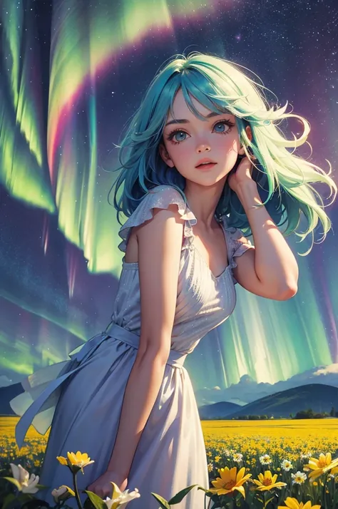 Aurora, starry sky, flower field, girl with rainbow hair, upper body 