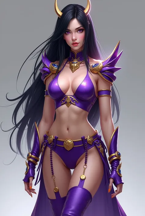 Appearance: She has long black hair and no bangs., slim and slender body, Tanned white skin, Purple eyes Medium and light pink lips.

Clothes: Wears a purple bra and purple turtleneck mid-length sleeves, There is a gold emblem in the middle of the bra, Pur...