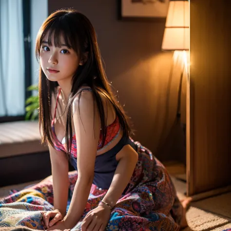 a beautiful young japanese girl relaxing in a living room at night, wearing a non-transparent nightgown, detailed face, (best quality,4k,8k,highres,masterpiece:1.2),ultra-detailed,(realistic,photorealistic,photo-realistic:1.37),HDR,UHD,studio lighting,ultr...