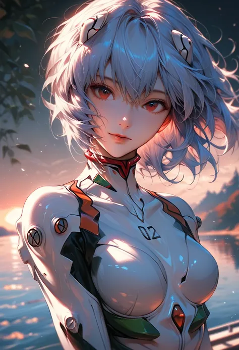 score_9, score_8_up, score_7_up, Ayanami Rei, red eyes, short light blue hair, floating hair, adult, flirting, cowboy shot, artistic photo, white Evangelion plugsuit, light smile:0.3, head tilt, detailed face, backlight, (sunset, lake background)
