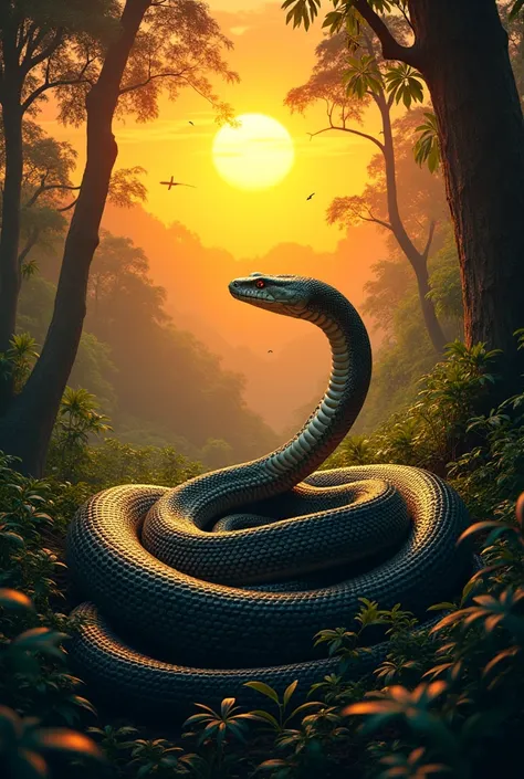 Anaconda staying amazon forest with warm sunset background 
