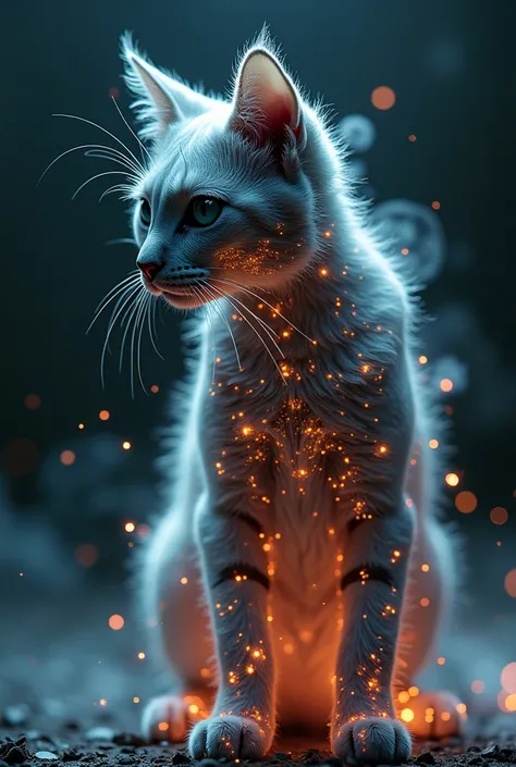 Diffuse hallucinatory cat composed of light matter and cybernetic threads, ultra detailed illustration, complex 3D projections, translucent fabric, glowing texture with black tones, double exposure technique, surreal, lit within a dark fantasy realm featur...