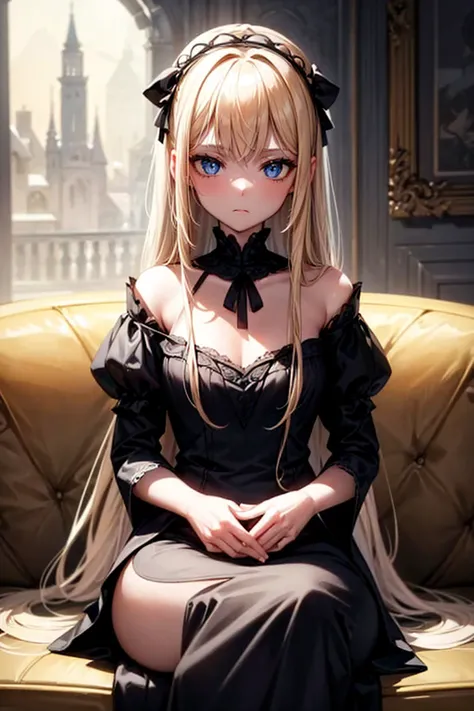 Girl-type ball-jointed doll, black dress, expressionless, white-blonde hair, long hair, blue eyes, sitting on a sofa, medieval, Western-style house, white skin, fantasy