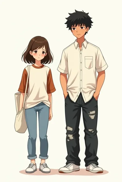 Two chibi manga couples, the girl is shorter than the guy. The girl has an off white T-shirt on with brick brown half sleeves and light blue jeans. The girl is also carrying one white tote bag on her shoulder. The guy has worn black faded jeans with a full...