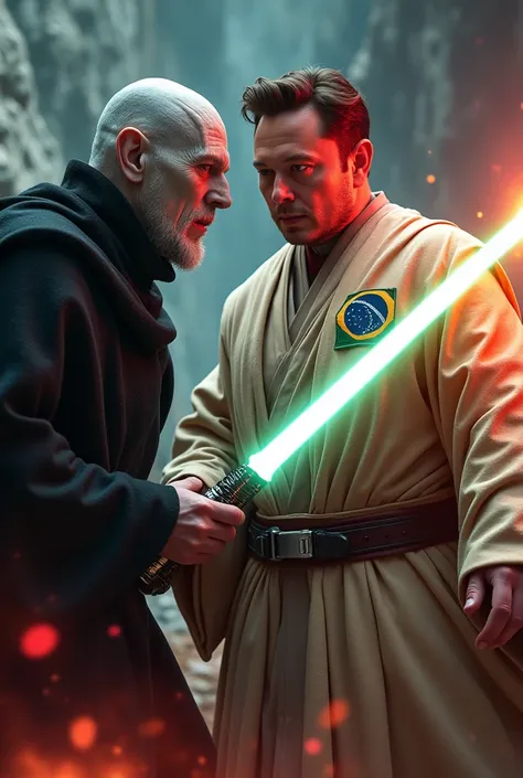 Image with Elon Musk&#39;s Star Wars Obi outfit with a Brazilian patch raising Voldemort in a Jedi power battle