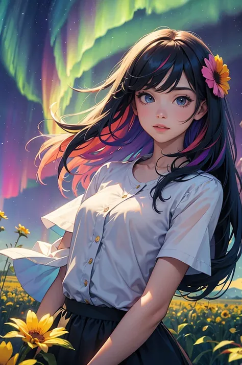 Girl with long rainbow hair, upper body, large flower field, night sky, aurora