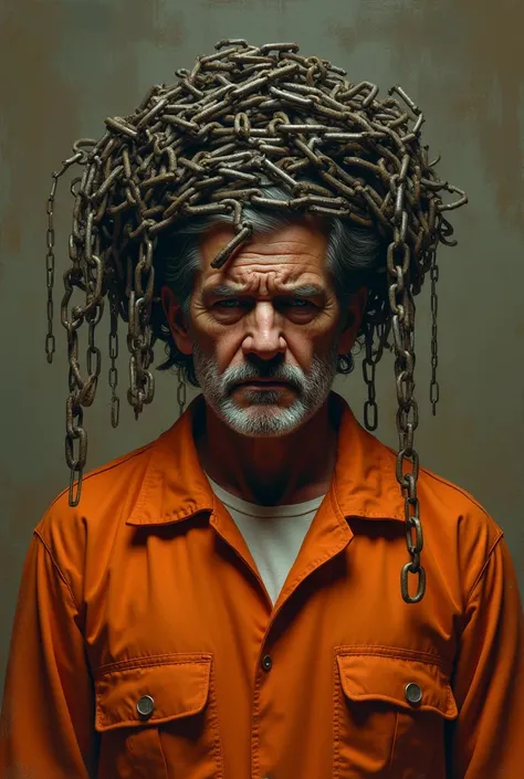 Create an image of a man in orange prison clothes with several irons and chains on his head, with an expression of pain. 