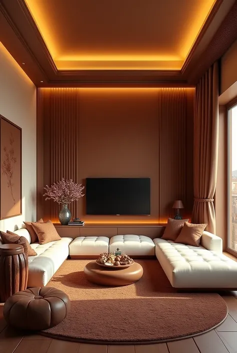 ((masterpiece, 8k, best quality, 8k, super realistic, high resolution:1.3)), living room made of chocolate, chocolate world, chocolate lighting, white chocolate sofa, tv de chocolate, chocolate carpet, yellow lighting