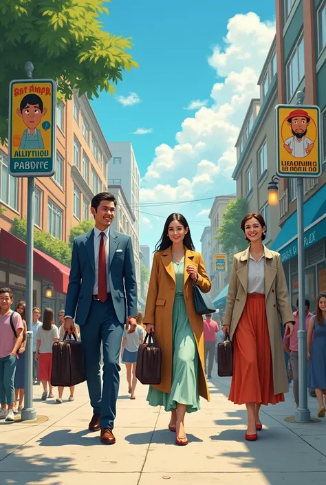 Men in formal clothes with briefcase, Women in modest long dresses with no necklines and colorful handbags, walking through the streets, everyone happy. And that there are parking signs, with animated illustrated theme. Jehovahs Witnesses 