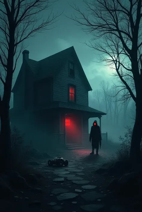 An eerie, dark silhouette of an old, abandoned house with flickering lights in the windows. A shadowy figure stands in one corner, partially visible, with glowing red eyes. In the foreground, a broken toy lies on the ground, and a gust of wind rustles thro...