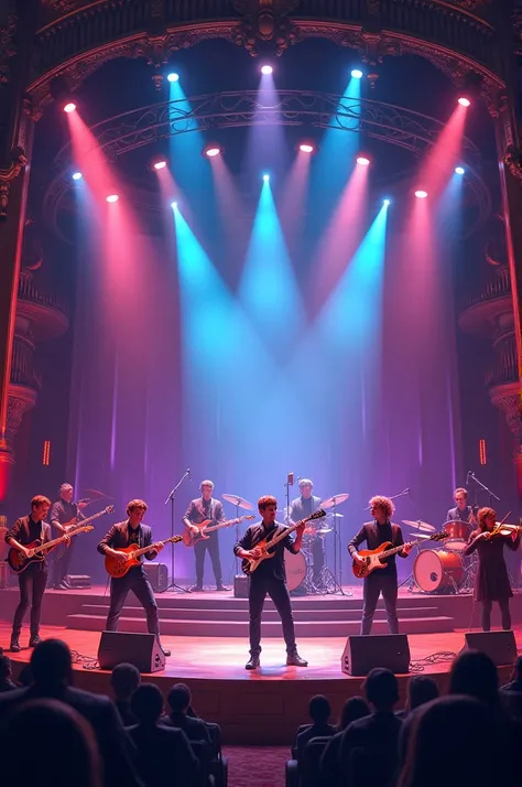 Image with stage and peoples with guitar and violine and drums 